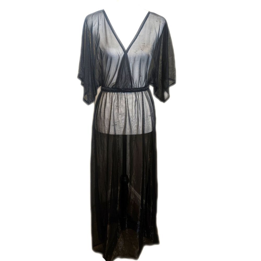 VENUS black sheer polyester maxi dress swim cover up, v-neck, elastic waist Smal